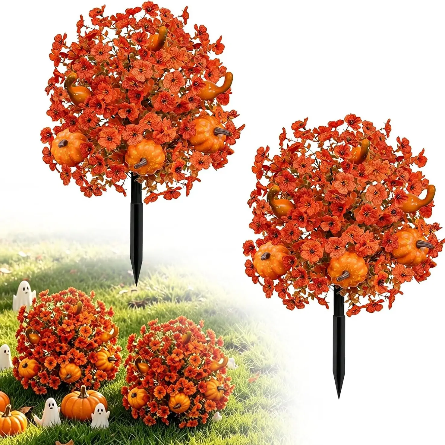 2pcs Lifelike Pumpkin Artificial Fall Topiary Balls, Outdoor Fake Shrubs, Thanksgiving Halloween Christmas Decor
