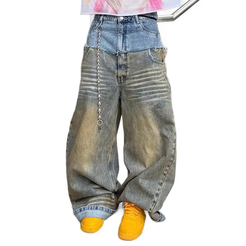 Men’s All Season European American Vintage Washed Wide Leg Jeans, Loose Fit Street Trend Casual Baggy Denim Pants50723