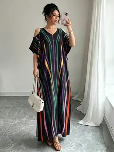 Women's Muslim Robe, Summer Boho Full Print V Neck off Shoulder Batwing Sleeve Beach Vacation Dress, All Seasons Fashion