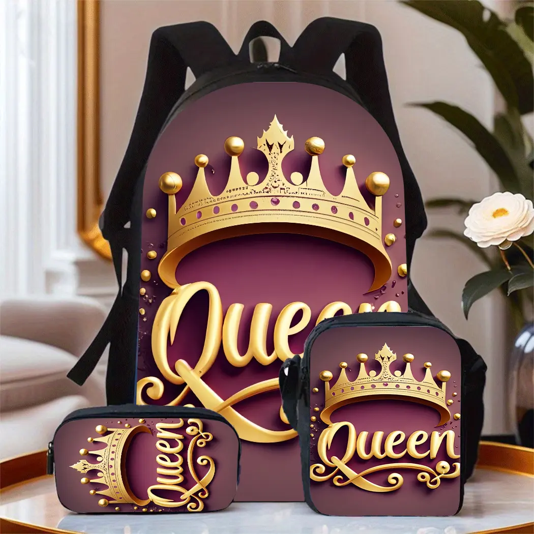 Girls' 3-Piece Crown Motif Backpack Set - Royal Gold Print Oxford Cloth School Daypack with Adjustable Strap, Zip Closure Lunch Bag, Zip Closure Pencil Case for School Use