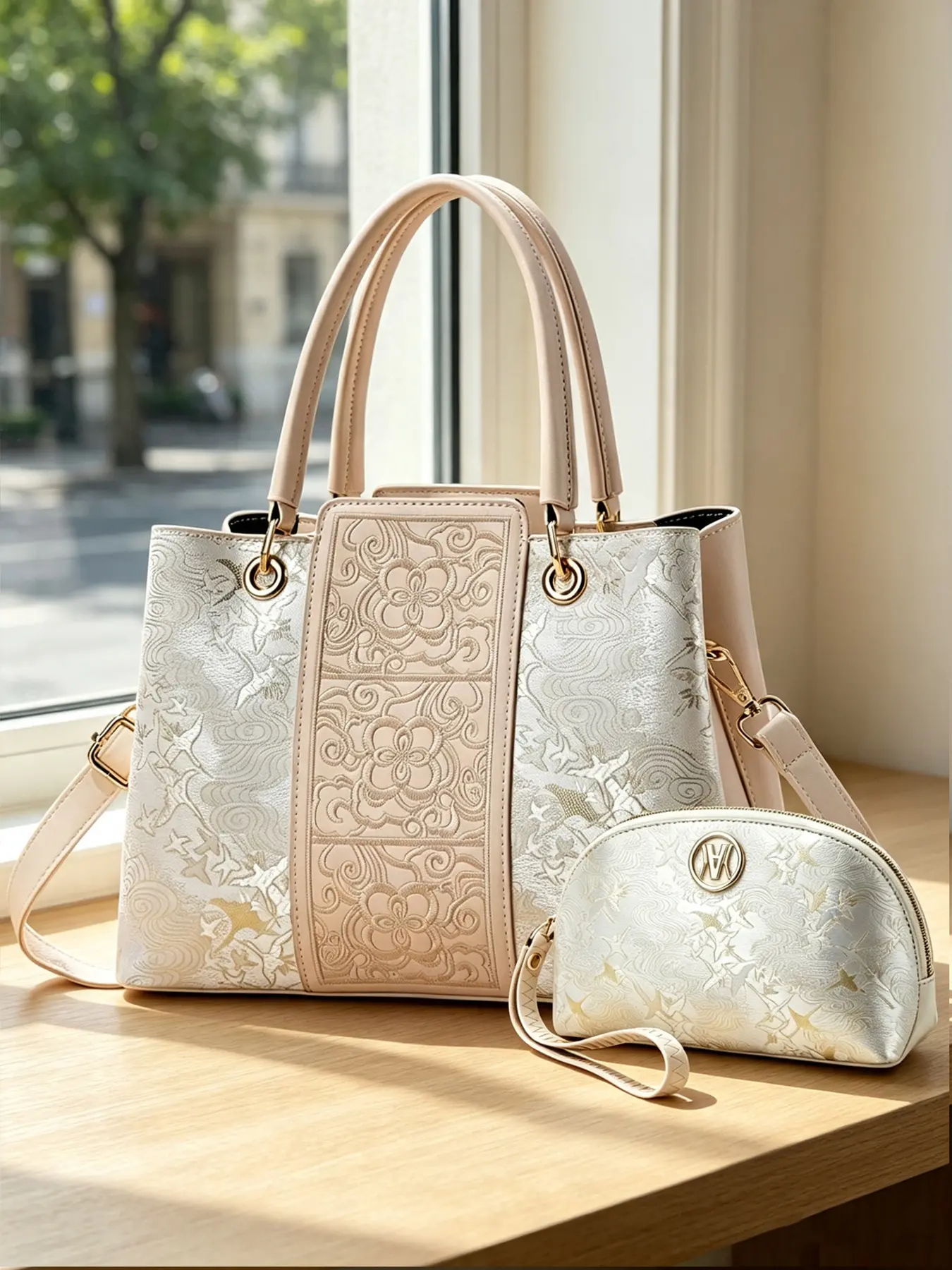 Two-piece embroidered printed women's handbag set with a matching clutch from the same collection, stylish and versatile, ideal as a gift, high-quality printed tote bag