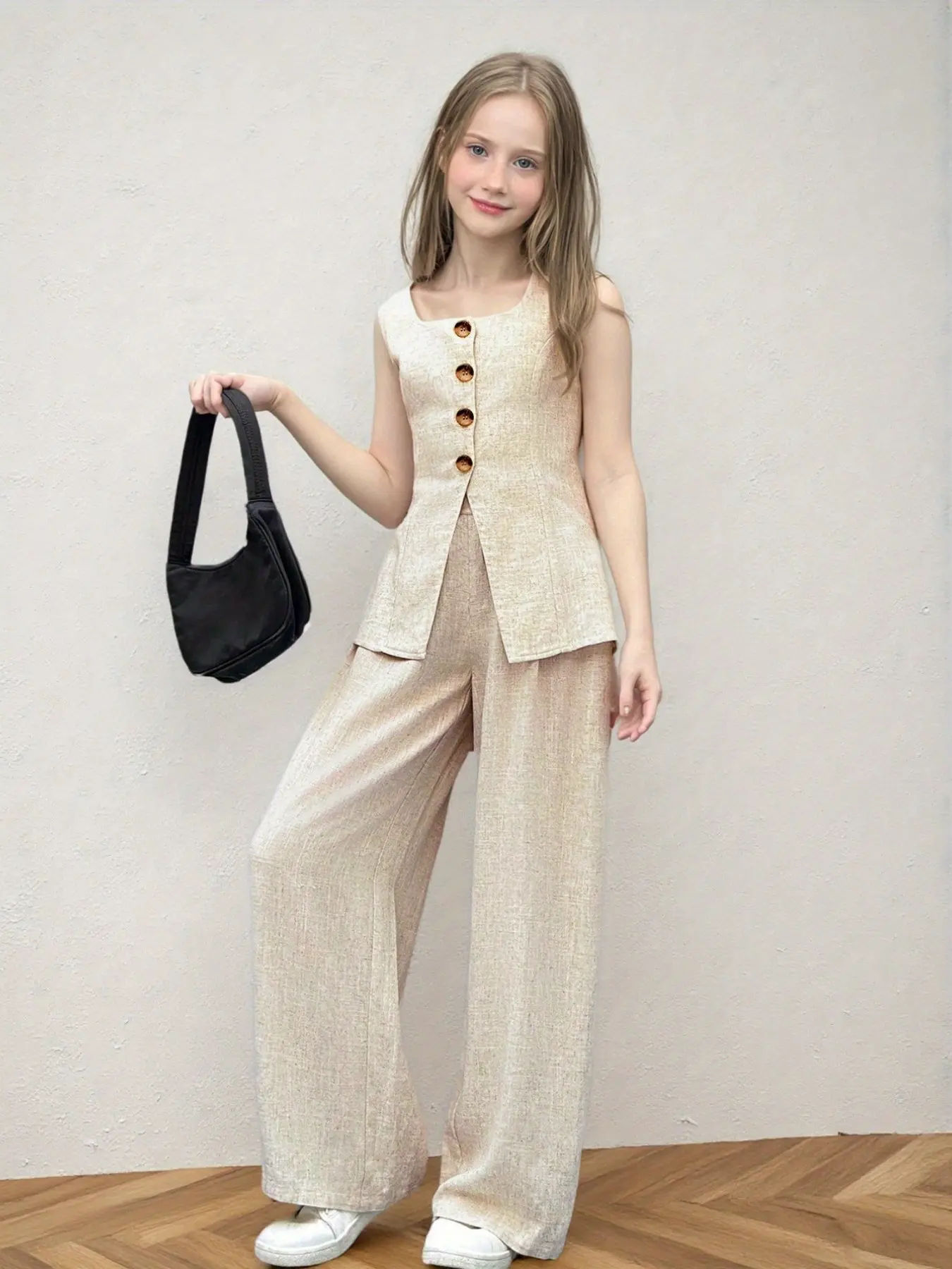 Linen Textured 2-Piece Girls Summer Clothing Set, Square Neck Sleeveless Button Vest & Wide Leg Trousers, Elegant Daily & Vacation for Kids