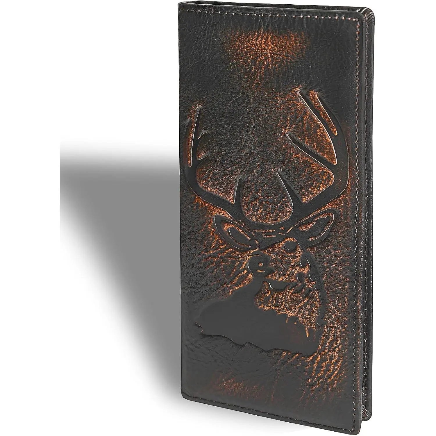 Men's Full Grain Deer Leather Long Bifold Wallet with Hand Burnished Finish, RFID Blocking, Rodeo Style, Black and Orange(Gift)