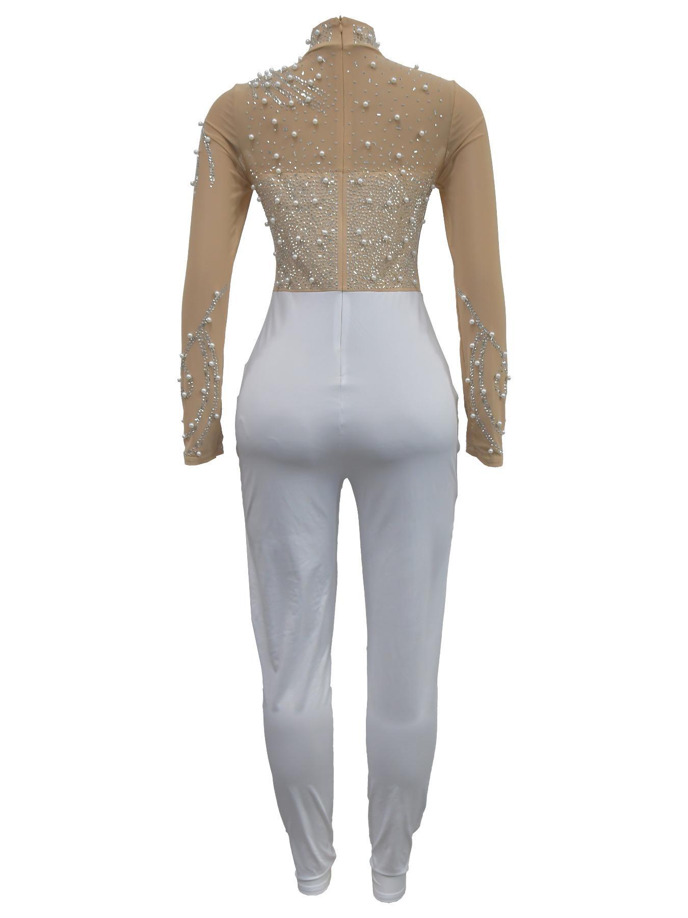 Women's Plain Rhinestone Decor Mock Neck Mesh Material Breathable Skinny Jumpsuit, Elegant Fashion Long Sleeve Zipper Jumpsuit for Party Club Dating, Valentine's Day Gift for Girl, Ladies Spring & Fall Clothes, Womenswear