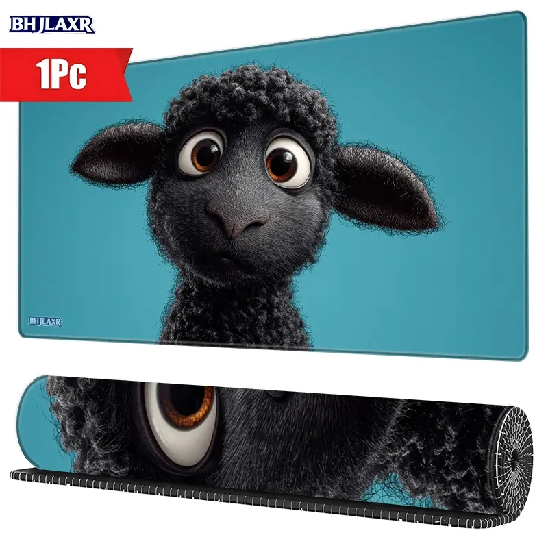 Cute Cartoon Black Fluffy Sheep with Curly Wool Gaming Mouse Pad, Stitched Edges Non - Slip, 15.7x35.4inch for Office Desk Home, Ideal Gift for Kids & Art Lovers, Digital Art Style Design