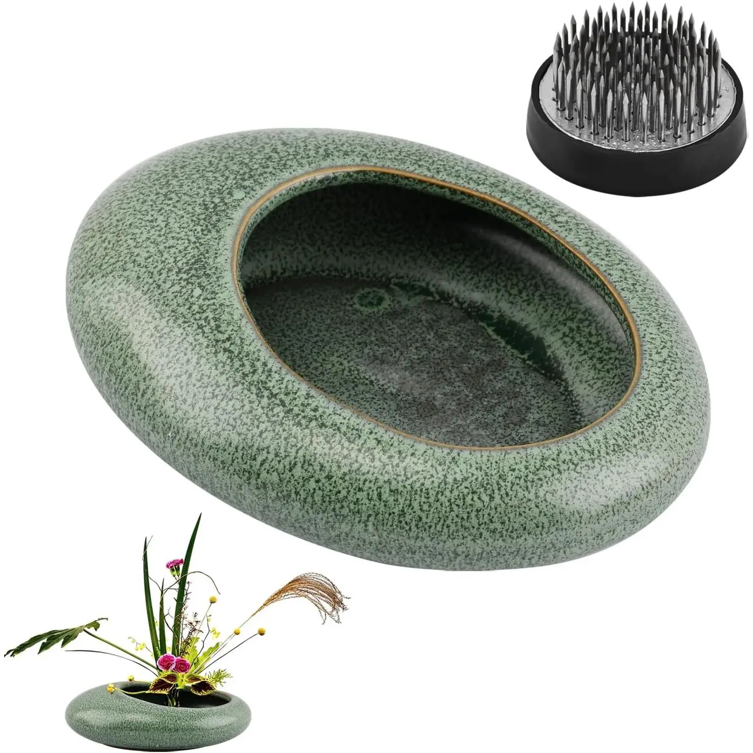 Japanese Ikebana Flower Arrangement 2-in-1 Vase Kit with 1.57 Inch Kenzan, Ceramic White Pebble Shaped Bowl, Kenzan Needle Straightening Tool(Color:Green)