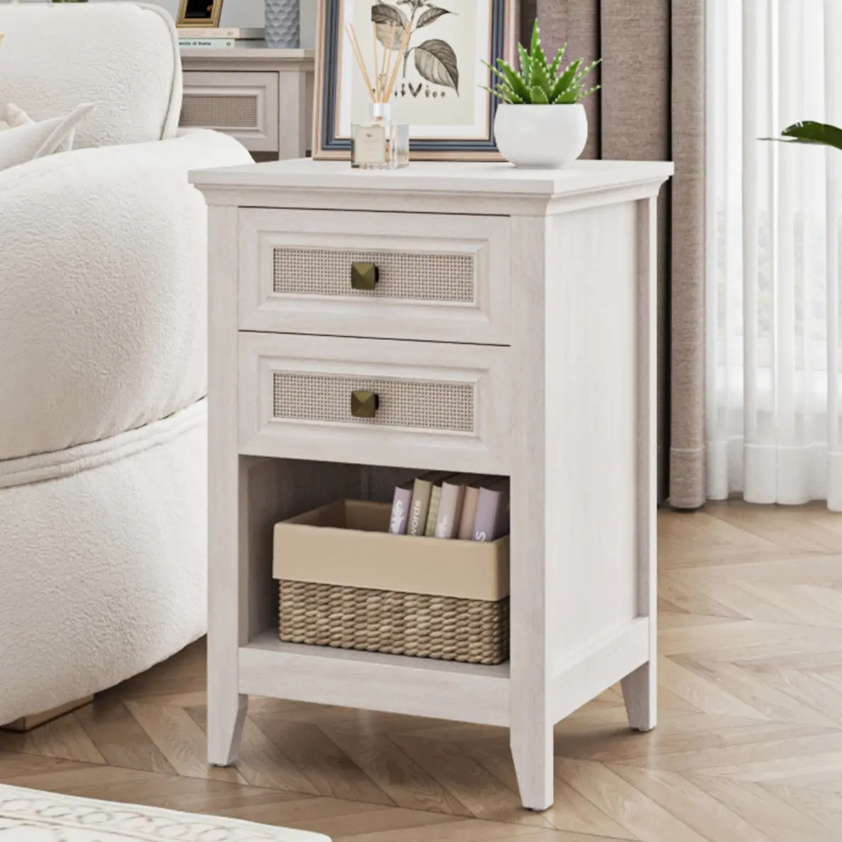 Grayish White Farmhouse Nightstand - 18" Wide Boho Bedside Table with 2 Rattan Drawers, Open Shelf, Wide Base, Easy Setup for Elevated Beds, Bedroom, Living Room