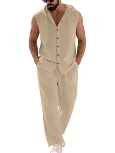 Summer American-style loose-fit beach holiday set: hooded sleeveless shirt and trousers
