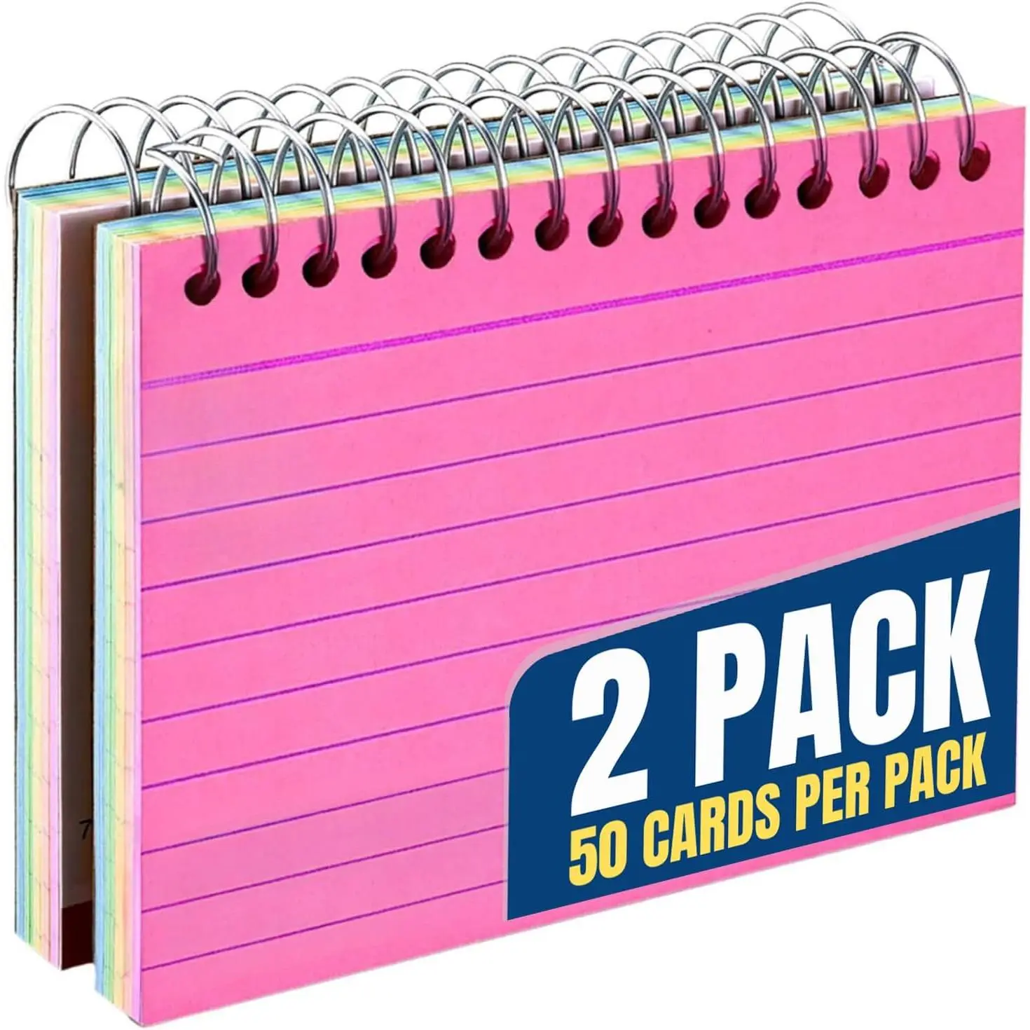 Spiral Index Cards 3x5 Ruled, Neon Note Cards Spiral Bound, Spiral Bound Index Cards, 50 Cards/Pack, 2 Pack