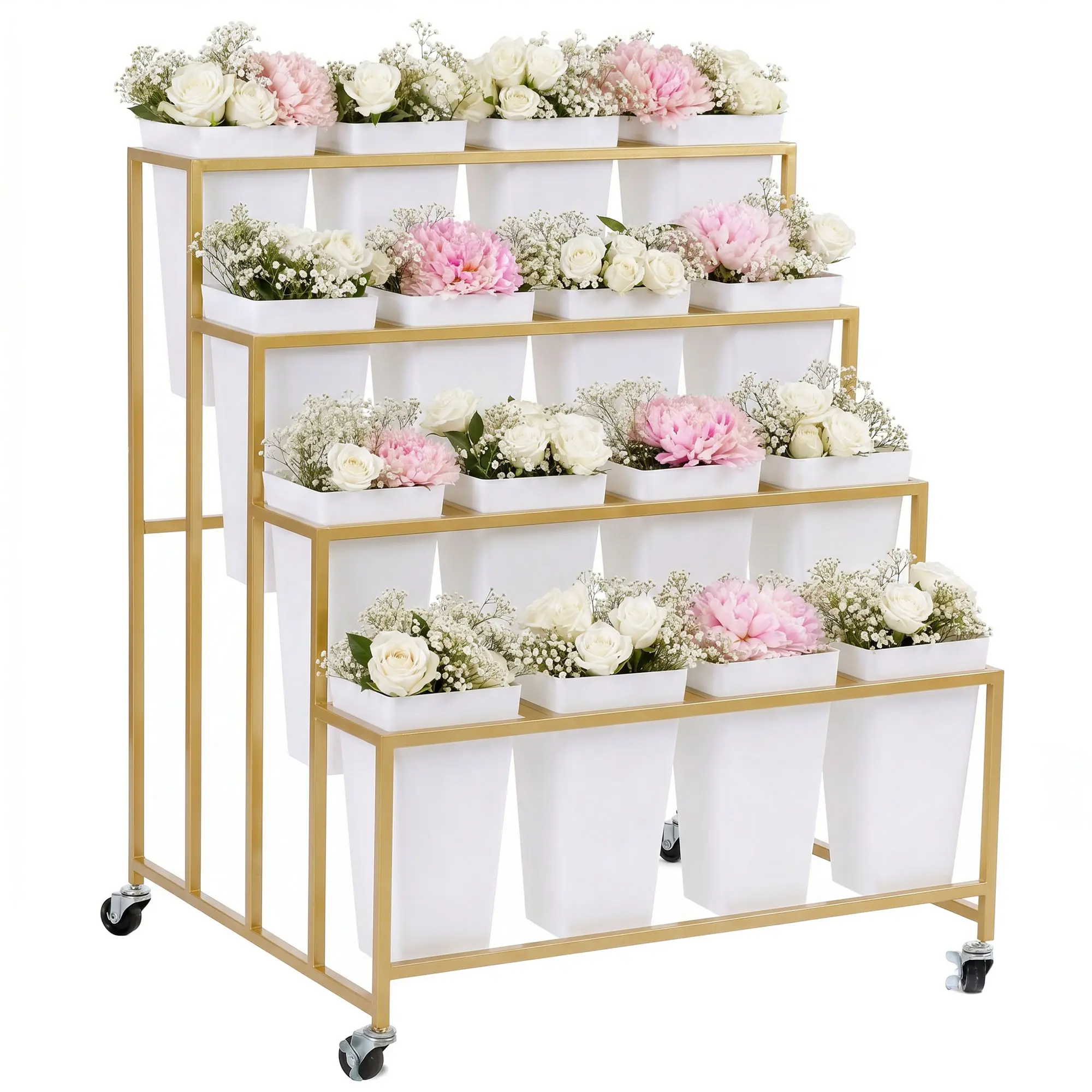 4 Tier Flower Display Stand with 16 Buckets – Rolling Metal Plant Cart for Wedding Flower Bar, Garden, Patio & Balcony Decor