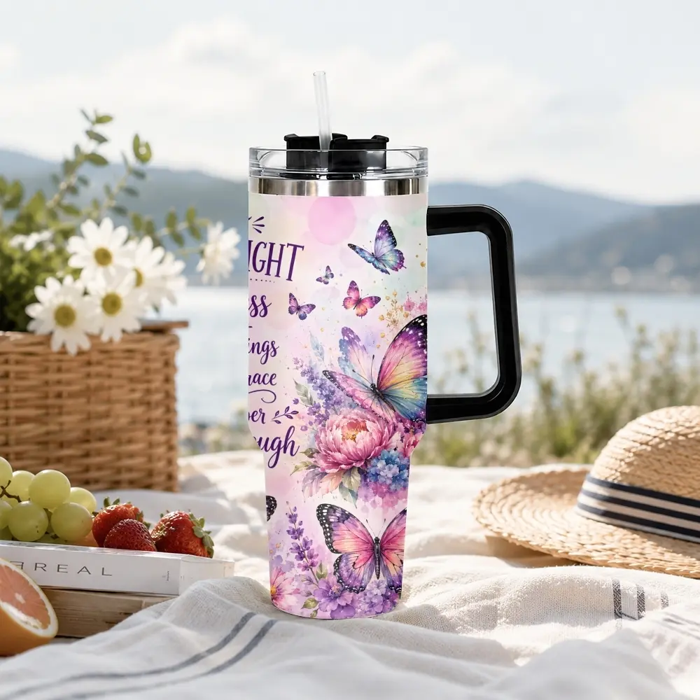 Butterfly Flower Design Vacuum Flasks GuLuBoo Vacuum Flasks 40oz Stainless Steel Vacuum Insulated Tumbler with Straw Leak Resistant Travel Mug Thermos Cup for Coffee, Gym & Office, Ideal Holiday Gift