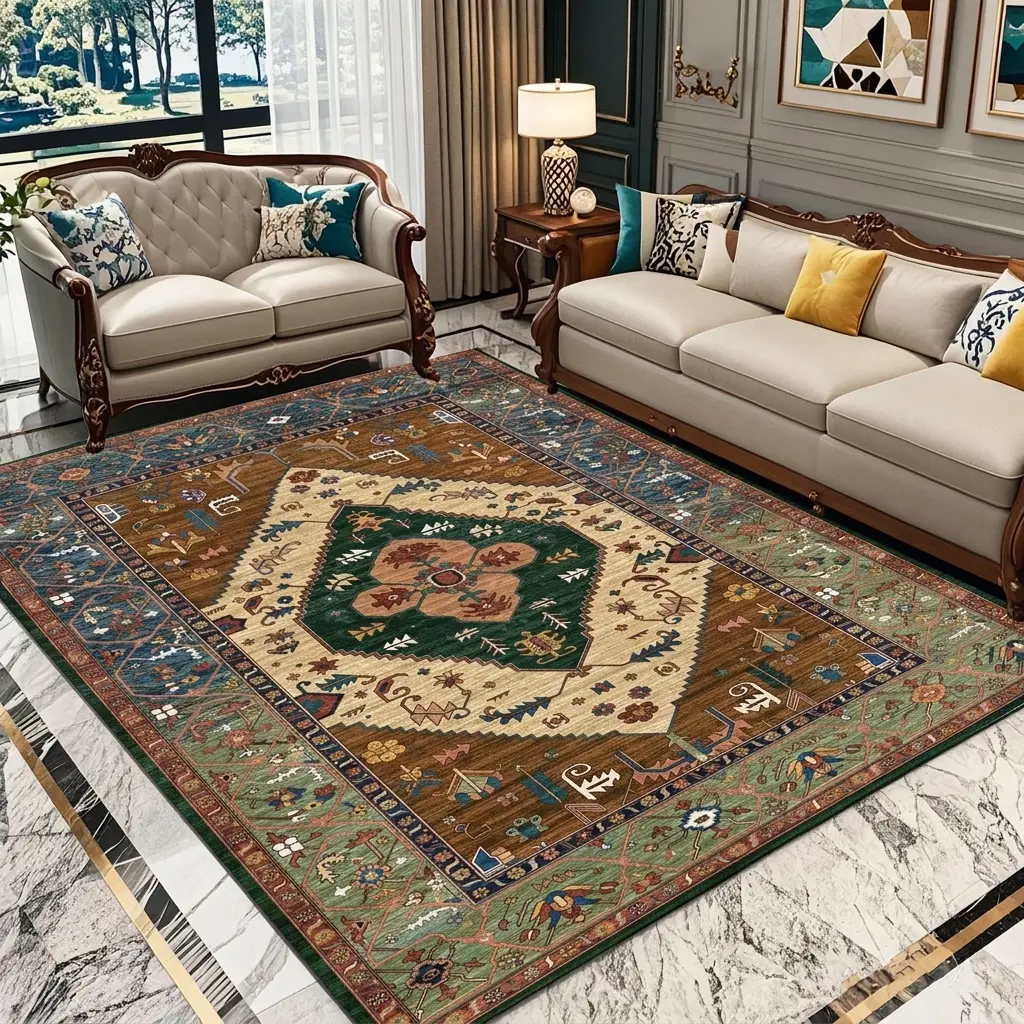 Vintage Persian Tribal Print Velvet Fiber Rug, 200cm×300cm/6.56'-9.84' Large Size Non-Slip Washable Boho Indoor Use Carpet for Living Room Decor, Bedroom Home Decor (Multiple Colors)
