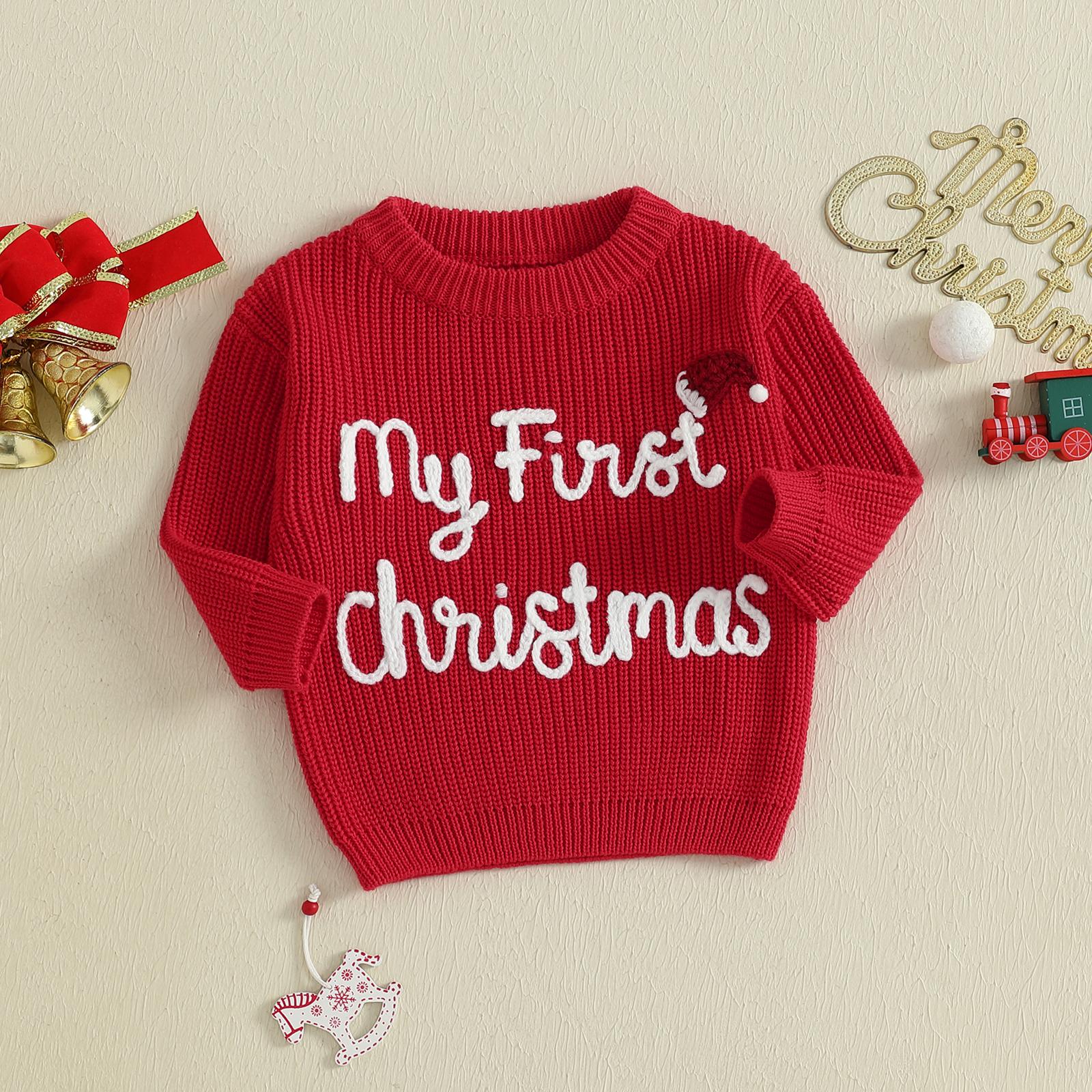 Infant Baby Girls Boy Knit Sweater Christmas Hat and Letter Embroidery Crew Neck Pullover Long Sleeve Tops 0-18 Months Infant Baby Girls Boy Knit Sweater Christmas Hat and Letter Embroidery Crew Neck Pullover Long Sleeve Tops 0-18 Months