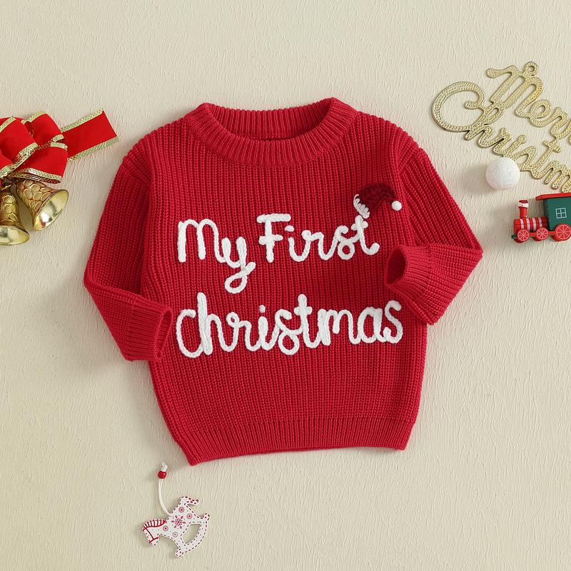 Infant Baby Girls Boy Knit Sweater Christmas Hat and Letter Embroidery Crew Neck Pullover Long Sleeve Tops 0-18 Months