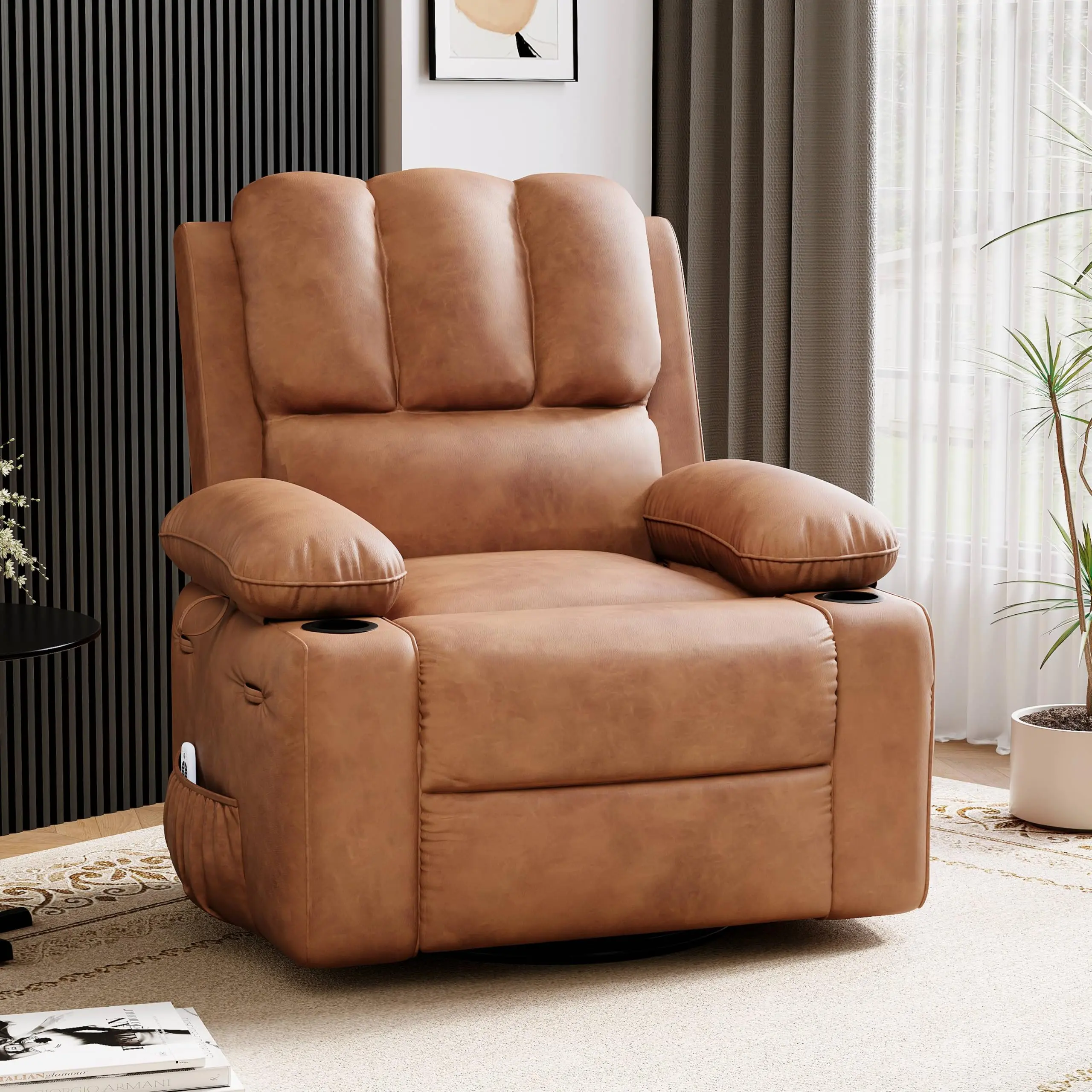 Recliner Chair with Heat & Massage, Swivel Rocker with Side Pocket, Soft Pillow, Cup Holders, Comfy Manual Recliner for Living Room