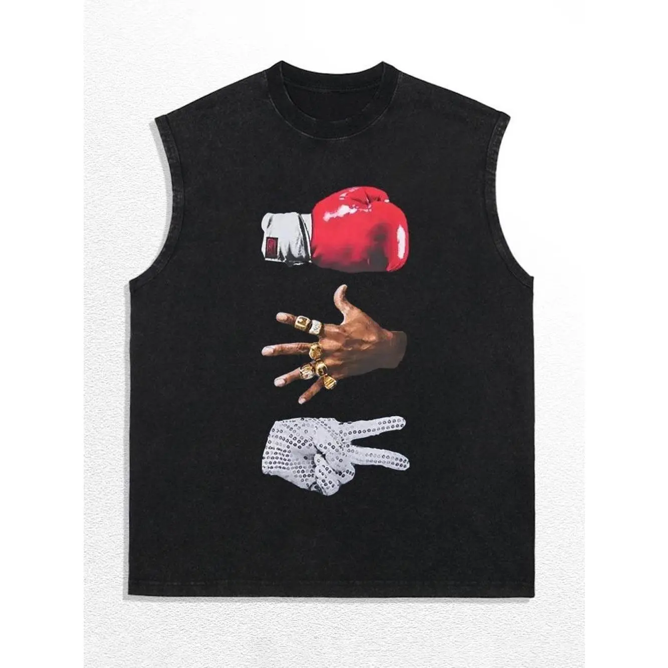 Men's Retro Hip Hop "Boxing Championship Rings and Gloves" Graphic T-Shirt - Vintage Washed Heavyweight Knitted Fabric, Stretch Sports Tee with Hem, Oversized, Ideal for Gifts & Casual Wear