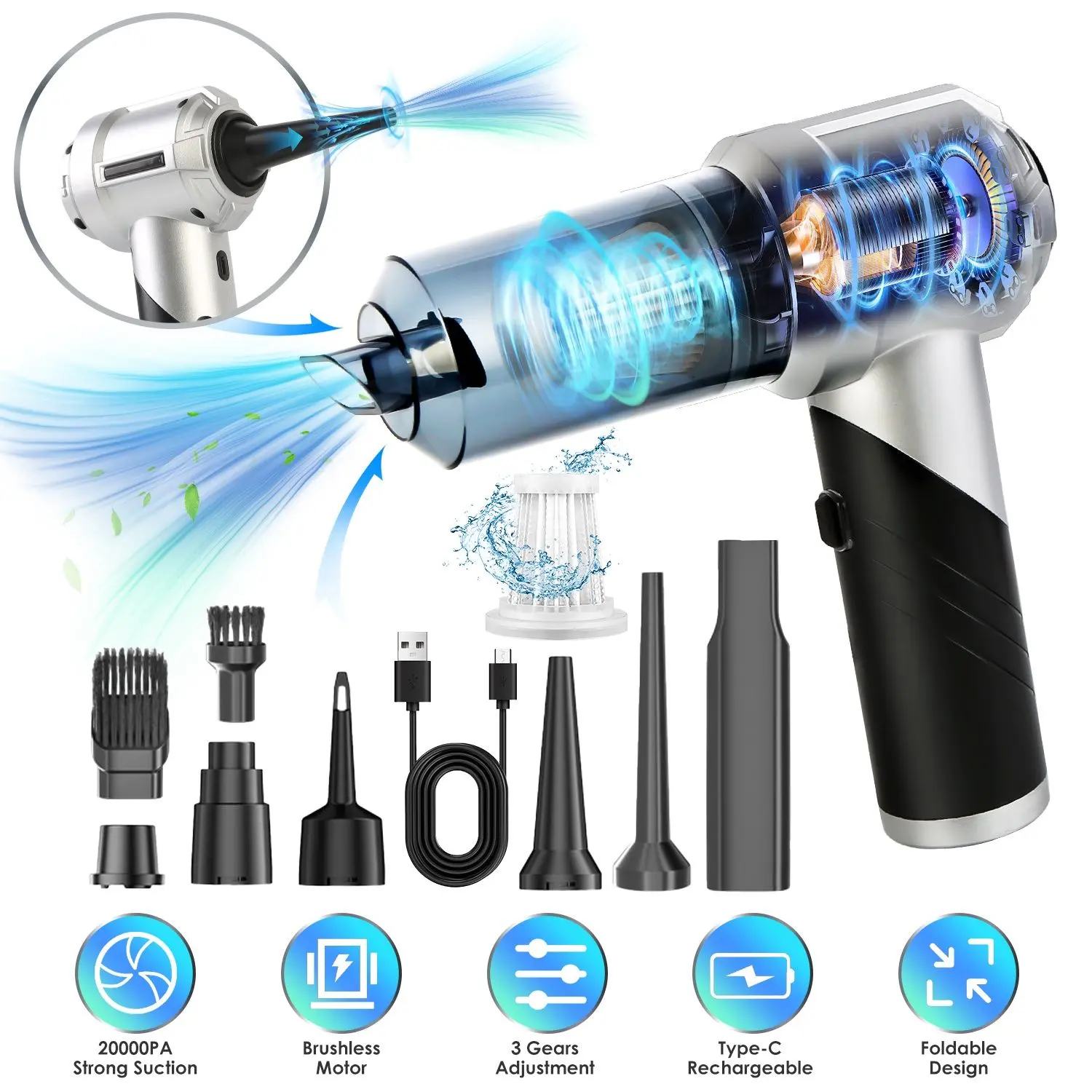 Cordless Car Vacuum Cleaner Portable Handheld Vacuum With 20000PA Suction Brushless Motor 3 Suction Levels Type-C Rechargeable Compressed Air Duster Blower For Home Car Camp Office