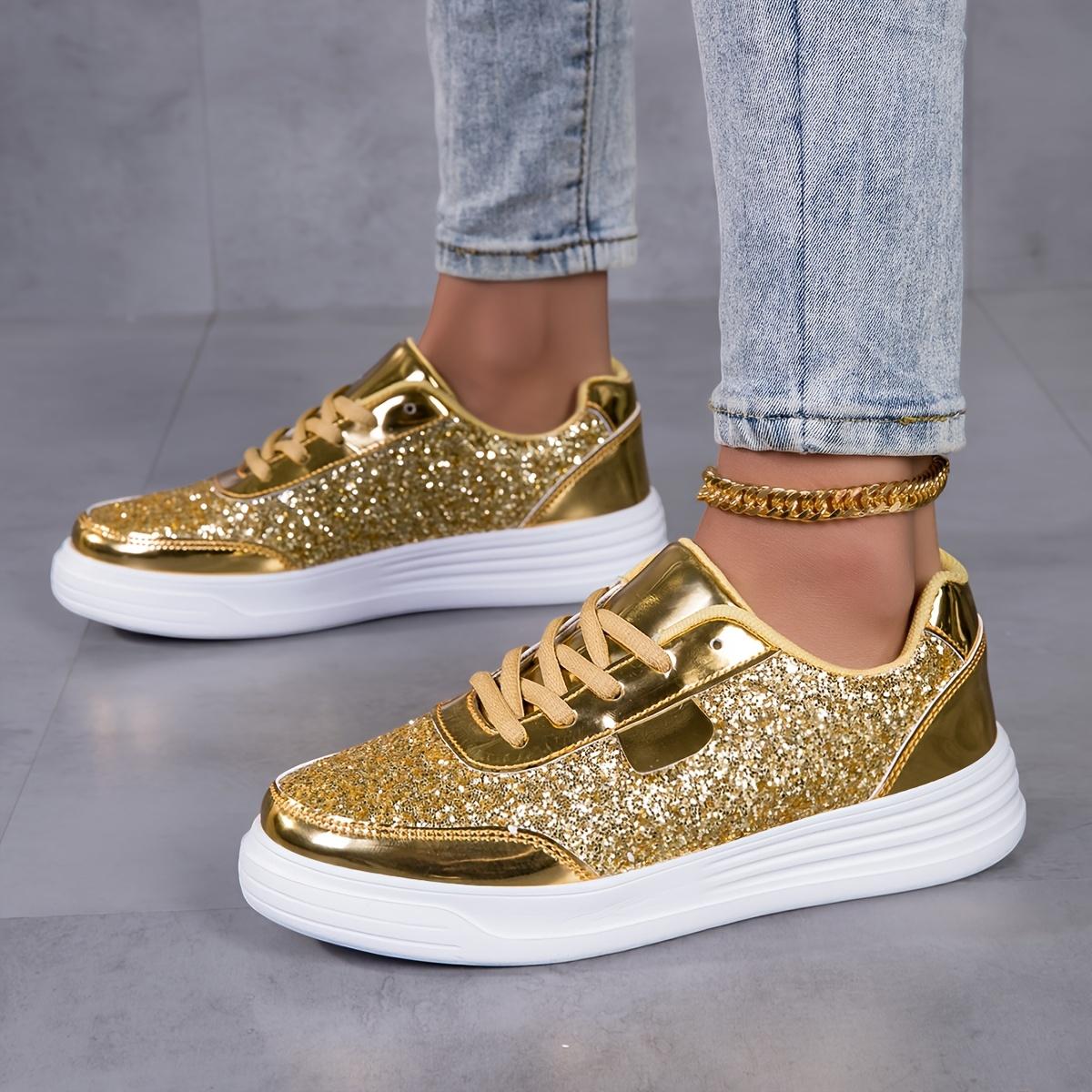Women's fashion glossy sneakers with sparkling sequins, running shoes, street skate shoes, non-slip spring summer mesh breathable lace-up casual shoes, thick sole height incr dance shoes, lightweight soft sole low-top walking shoes