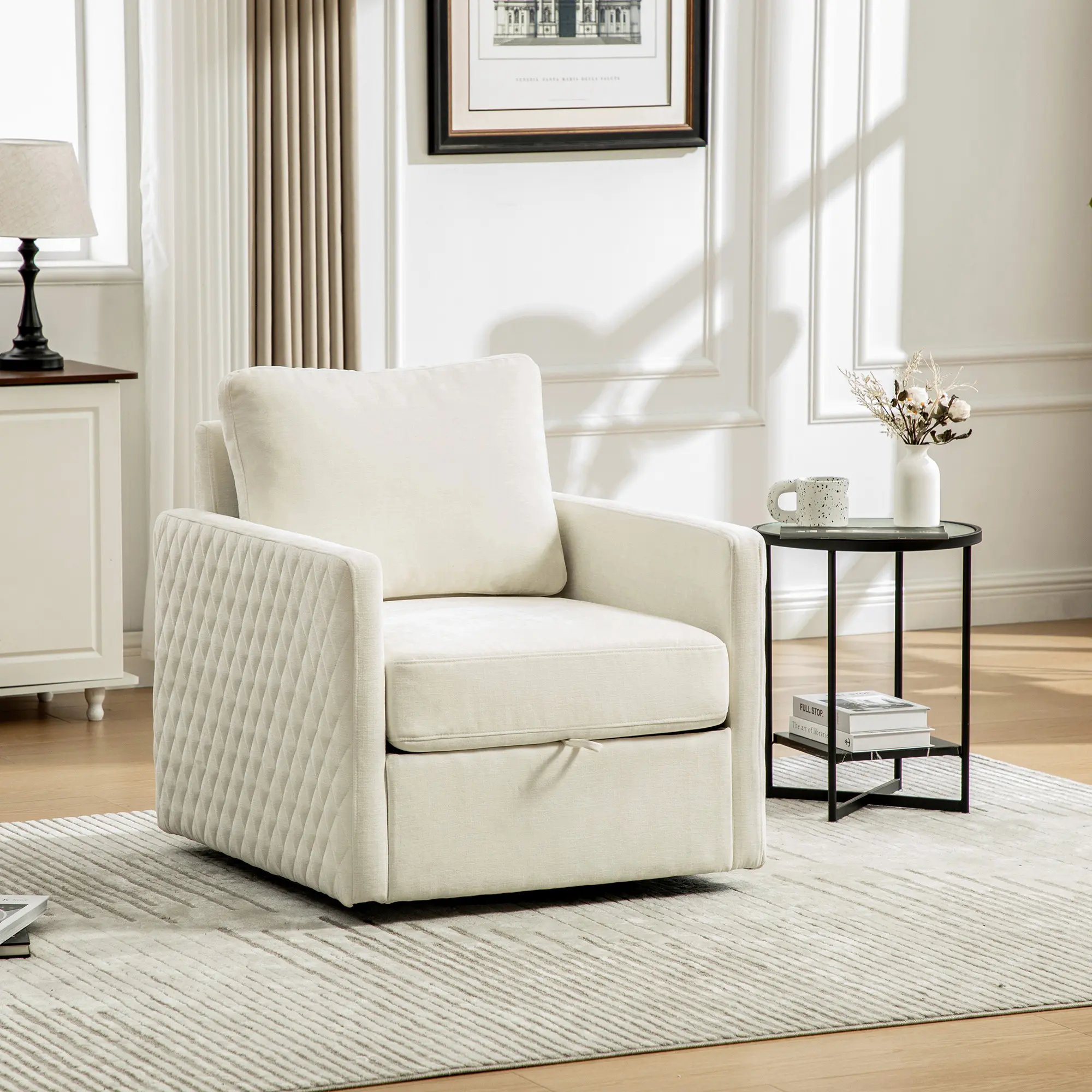 ARCH Upholstered Swivel Armchair with Hidden Storage, 29.5''W Square Club Chair, Diamond Tufted Chenille Accent Chair with Pillow, 360° Rotating Single Sofa for Living Room Bedroom Reading Nook, Beige, Beige Color Options, Chenille Material