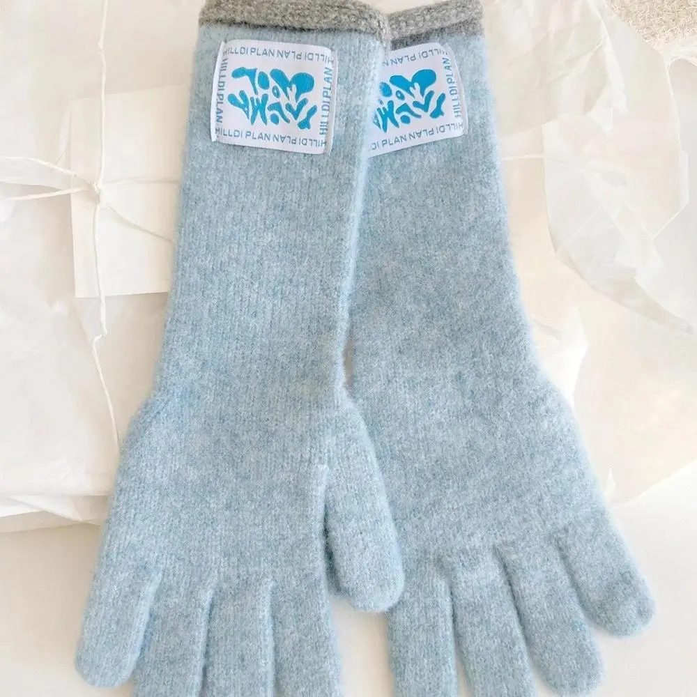 Korean mid-length label curly warm gloves for women dopamine color-blocking knitted touch screen student five-finger gloves