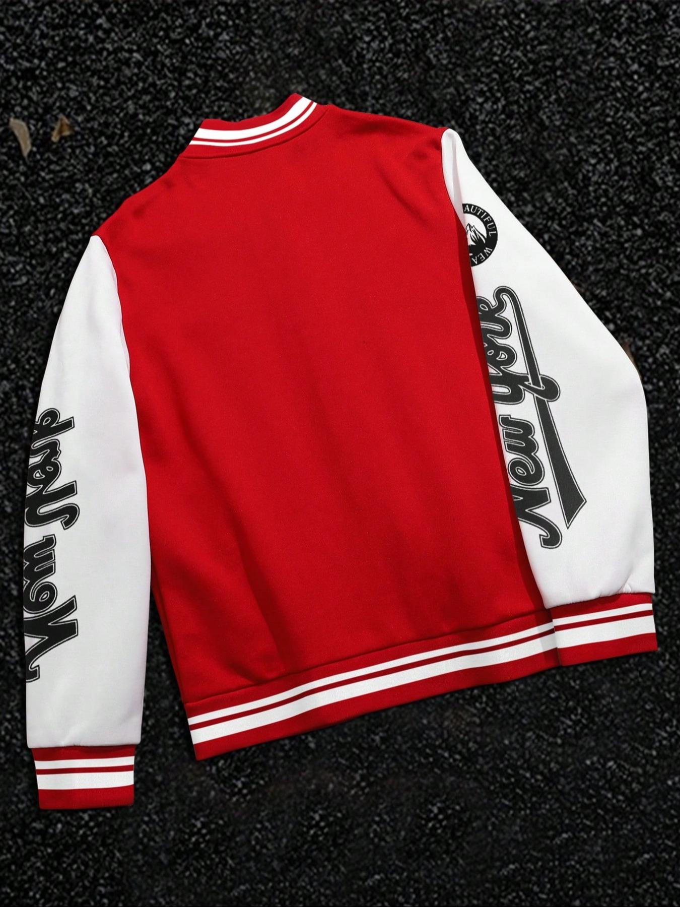 Men's Letter Print Baseball Collar Bomber Jacket, Loose Casual Sporty Long Sleeve Varsity Jacket for Fall & Winter, Men's Knit Outerwear for Daily Wear