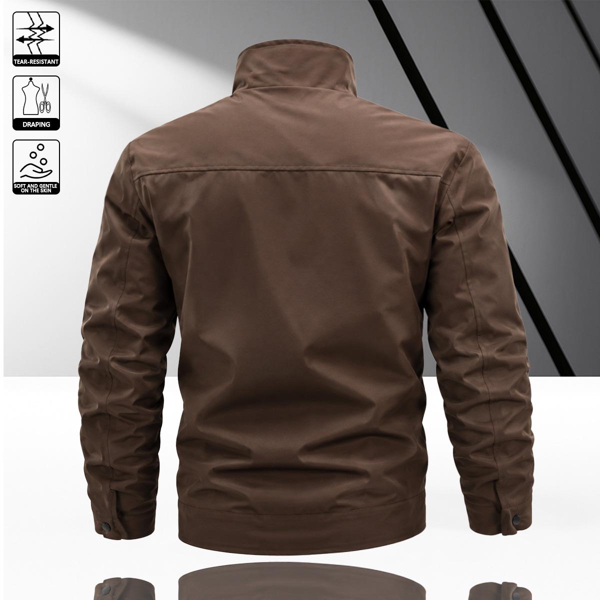 Men’s vintage-style brown work jacket made from durable woven fabric with neat stitching, featuring a classic stand collar and a clean silhouette that enhances a refined look-ideal for dates, office casual wear, and urban strolls.
