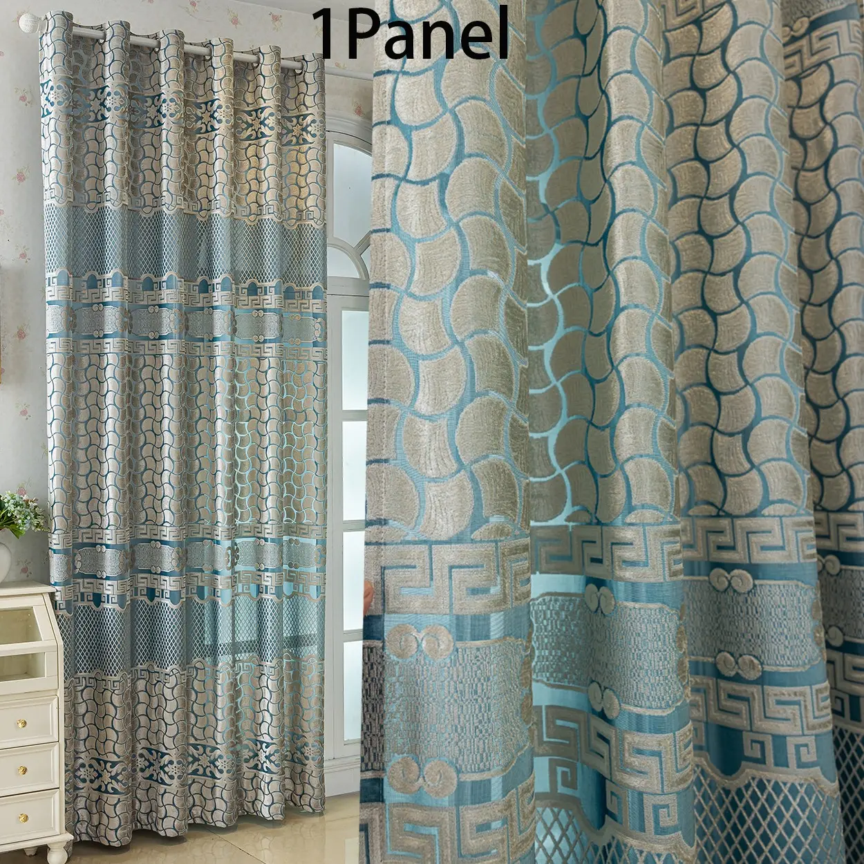 Vintage Geometric Jacquard Semi-Transparent Curtain, Ring Suspension, Suitable for Living Room, Bedroom, Balcony, Sliding Glass Door, Home Decor