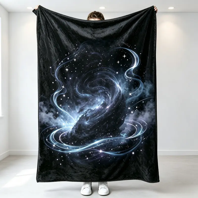 Deep Space Galaxy Swirl Nebula Black Background Flannel Blanket Blue and White Star Trail Starry Sky Print Home Sofa Nap Soft Plush Shawl Blanket