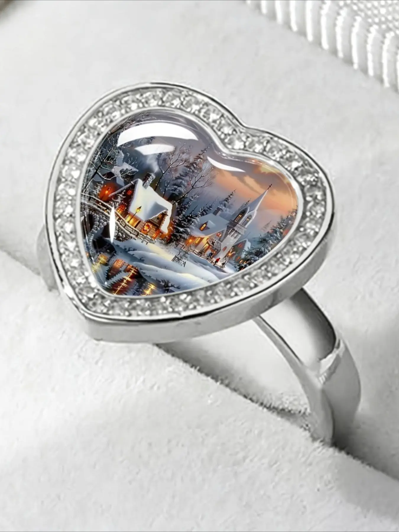 Halloween Christmas Ring, Fashion Heart Snow Scenery Print Women's Ring, Stylish Jewelry for Festive Seasons, Perfect Gift Idea