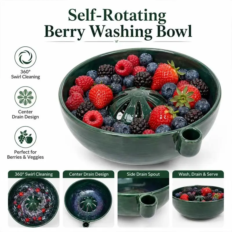 3D Printed Style Self-Spinning Berry Washer Bowl, 360° Fruit Cleaning Spinner with Drain Hole, Rotating Vegetable Bowl with Filter, Ceramic Draining Bowl, Home Fruit Cleaning Tool, Outdoor Picnic Prep, Water-Powered Rotation, Durable Design