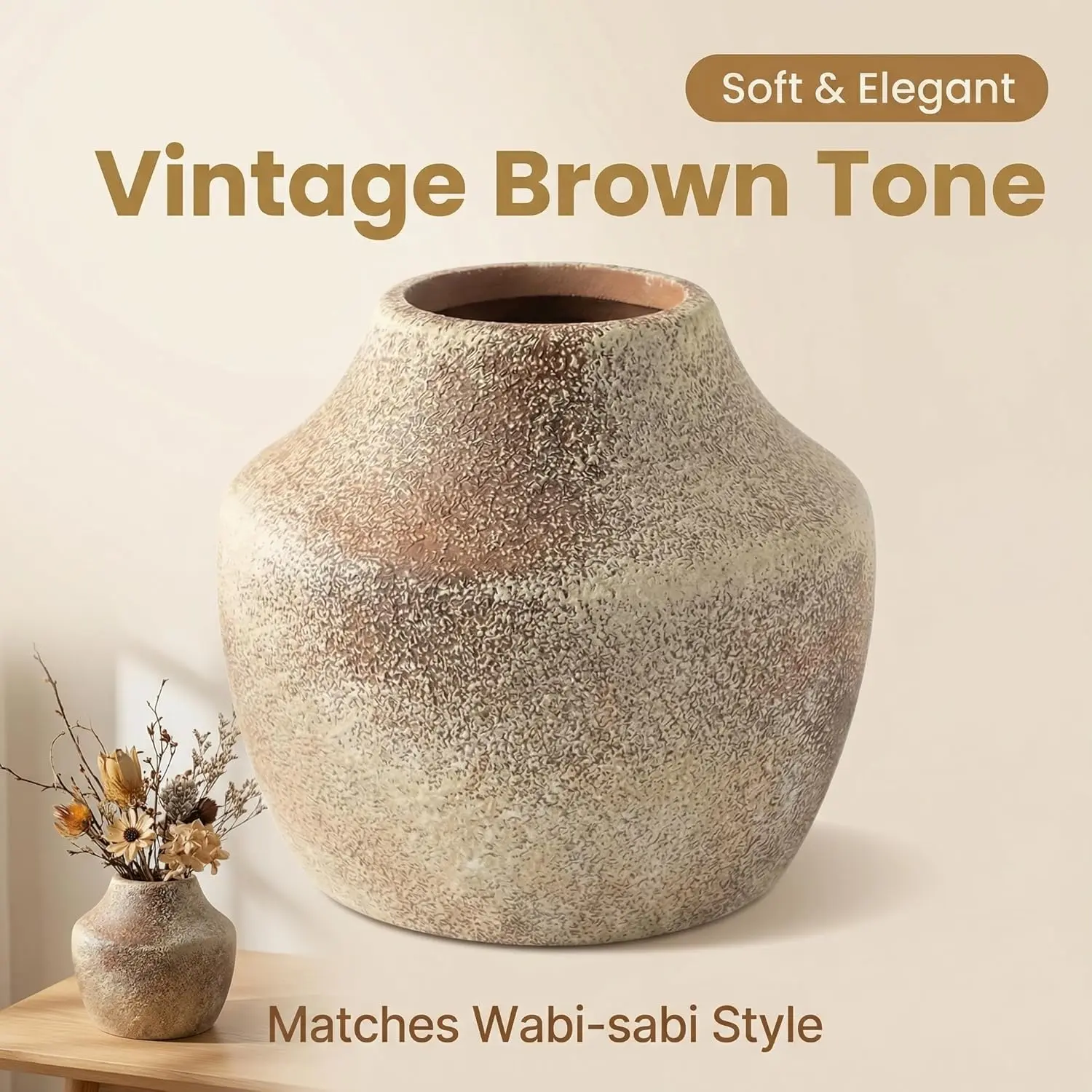 Rustic Vintage BrownTerracotta Pot, 5.3 Inch Aged Ceramic Vase for Dried/Fresh Flowers, Handcrafted Round Planter for Farmhouse, Boho Home Decor, Living Room, Entryway, Airbnb Styling
