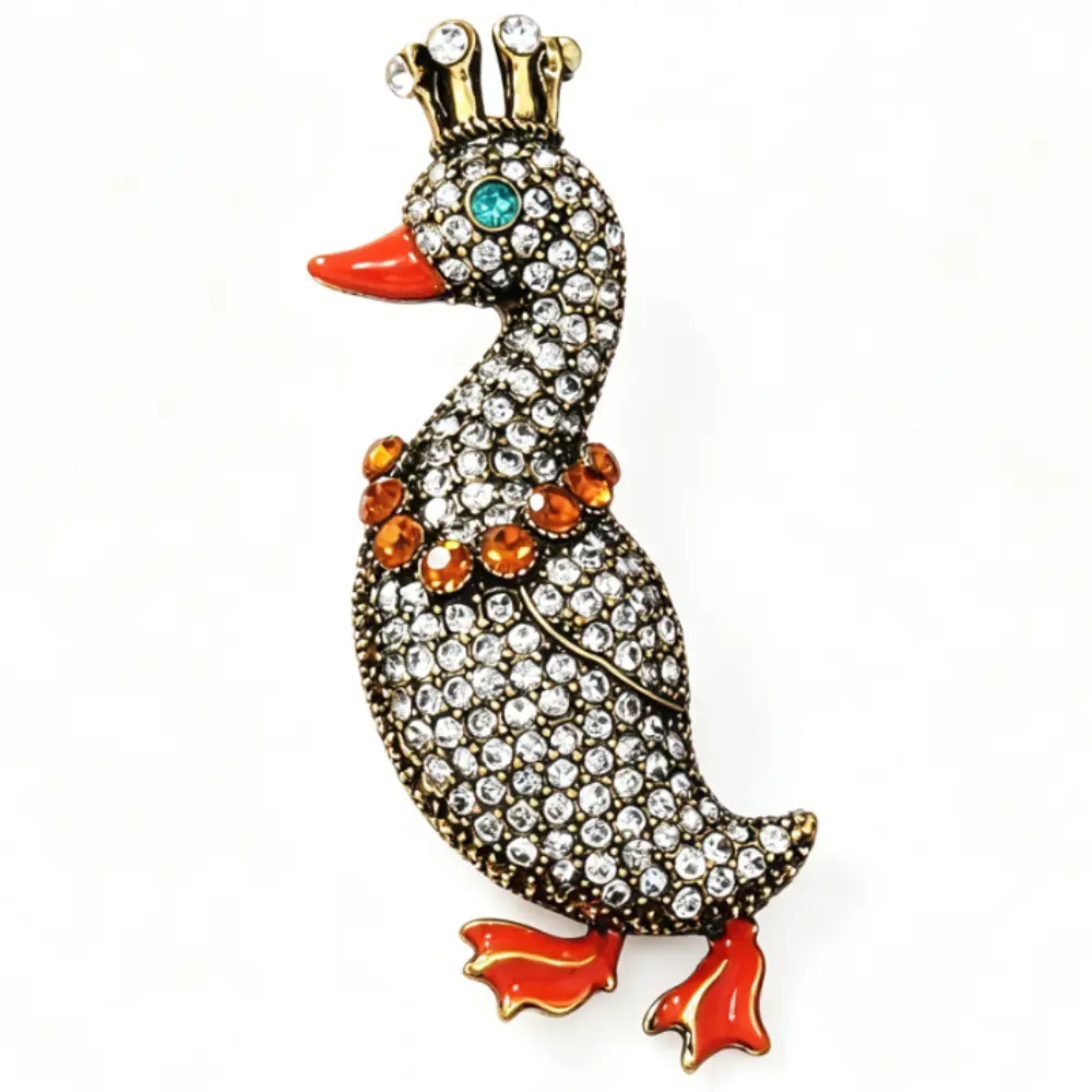 Antique Gold Duck Brooch with Tiny Crown Full Clear Rhinestone & Red Enamel Beak Novelty Bird Coat Pin
