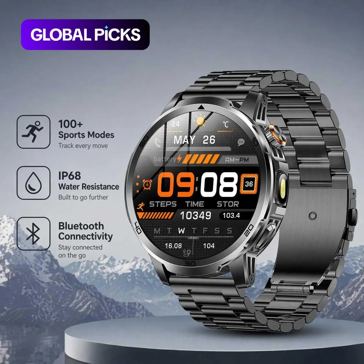 MEVADEN 1.85-Inch Screen Men's Smart Watch, BT, Answer/Make Call Message Reminder, 100+ Sports Modes Fitness Tracker, Sports Tracking Smartwatch, 1000mAh Battery, Outdoor Sports LED Flashlight Smartwatch, Steel Case, Android & iOS Compatible