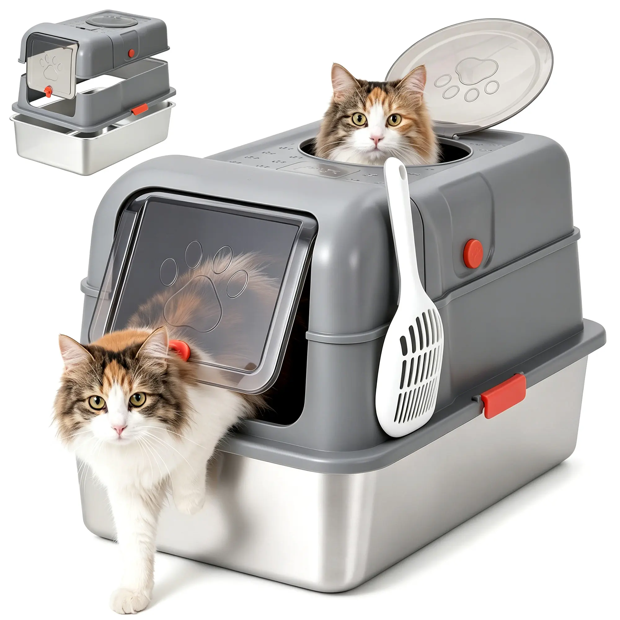 2-in-1 Cat Litter Box – Open or Enclosed with Removable Top, 40L Capacity – Anti-Splash, Anti-Tracking & Easy-Clean – Gray/Black/Pink