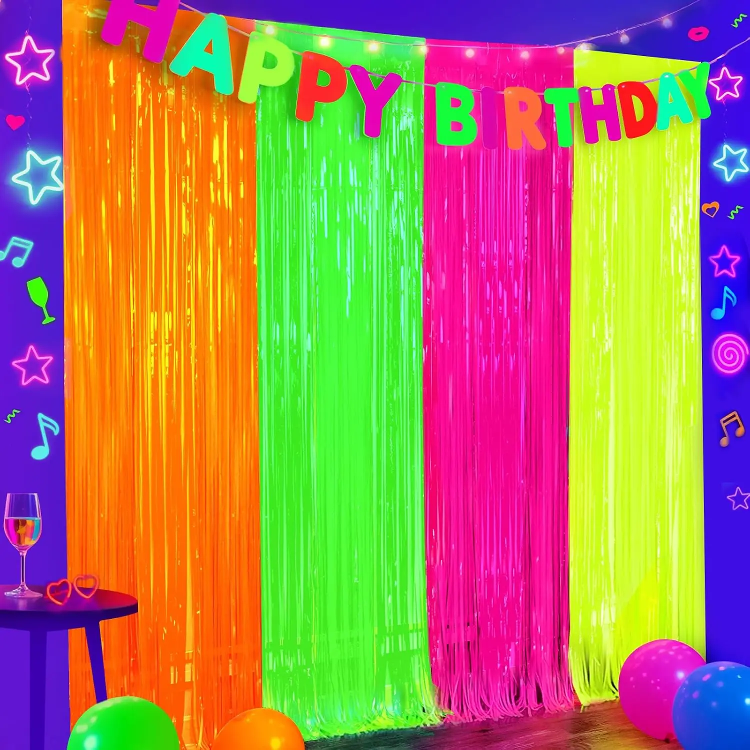 4-Pack Glow in The Dark Party Supplies, Neon Party Decorations | Green, Orange, Yellow ,Fuchsia Fluorescent Foil Fringe Backdrops for Birthday, Halloween, Pool Photo Booth Prop, 3.3x6.6
