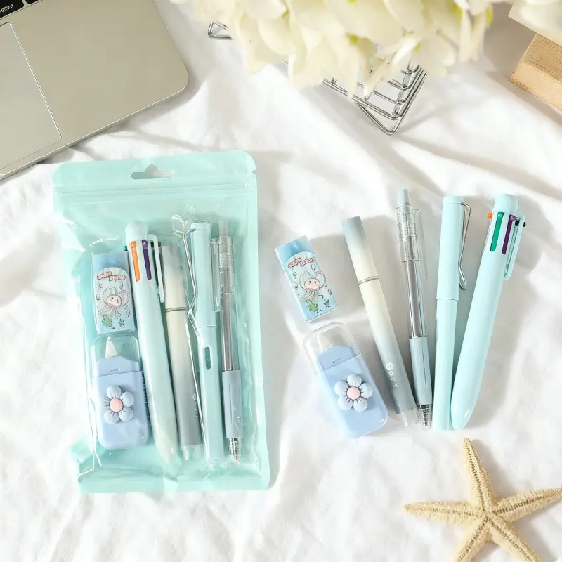6-Piece Cute Stationery Set, Includes Ballpoint Pens, Highlighters, Correction Tape, cute eraser & Practical Tools, School Office Supplies