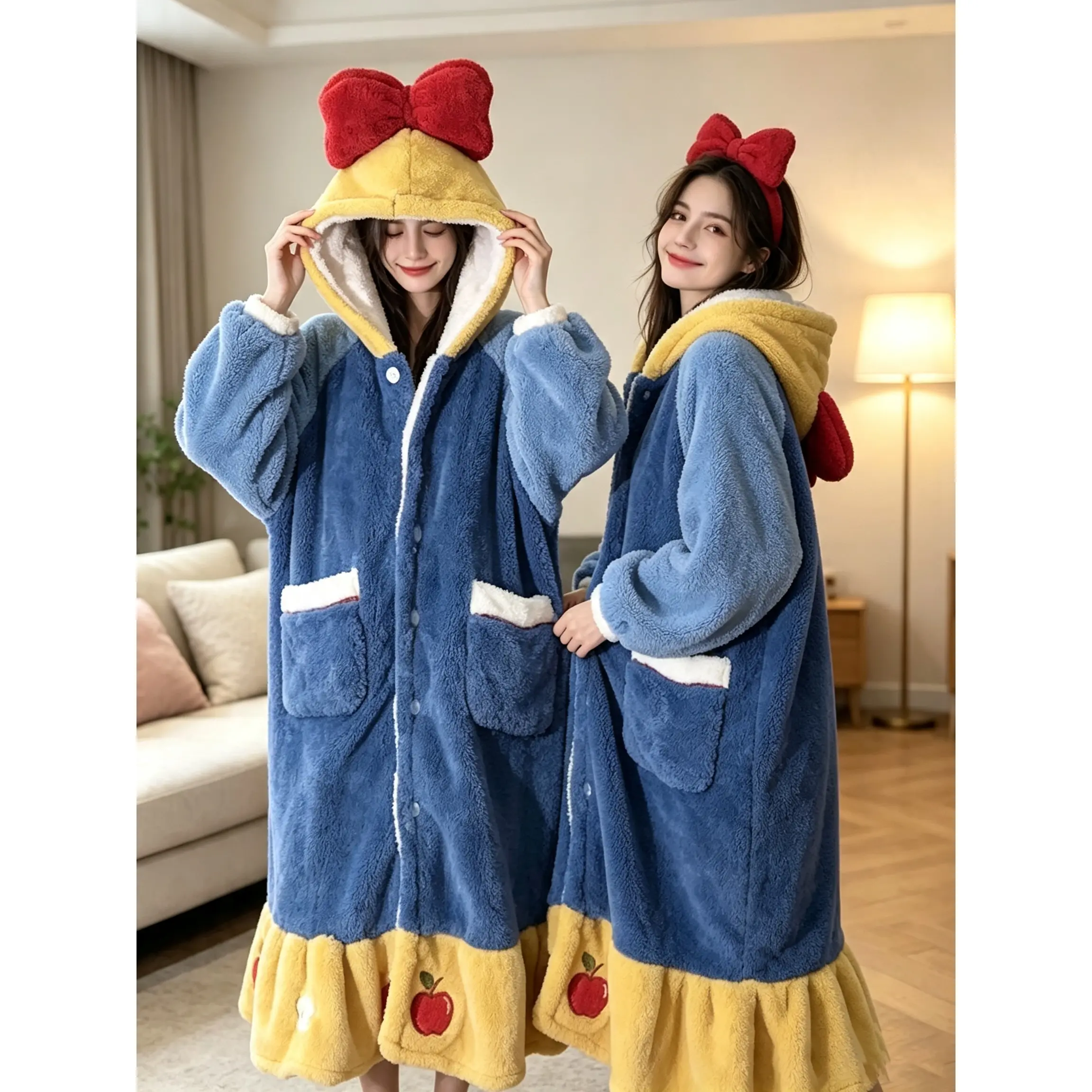 Princess Style Flannel Pajama Set for Women| Thick Warm Coral Fleece Long Robe + Pants Loungewear| Cute Cartoon Winter Homewear