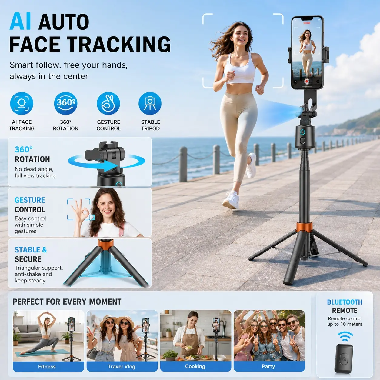 Ai Smart Face Tracking Selfie Stick, 70inch Extendable Wireless Bluetooth-compatible Tripod, Anti-Shake Stabilizer, 360° Rotatable Phone Holder for Live Streaming