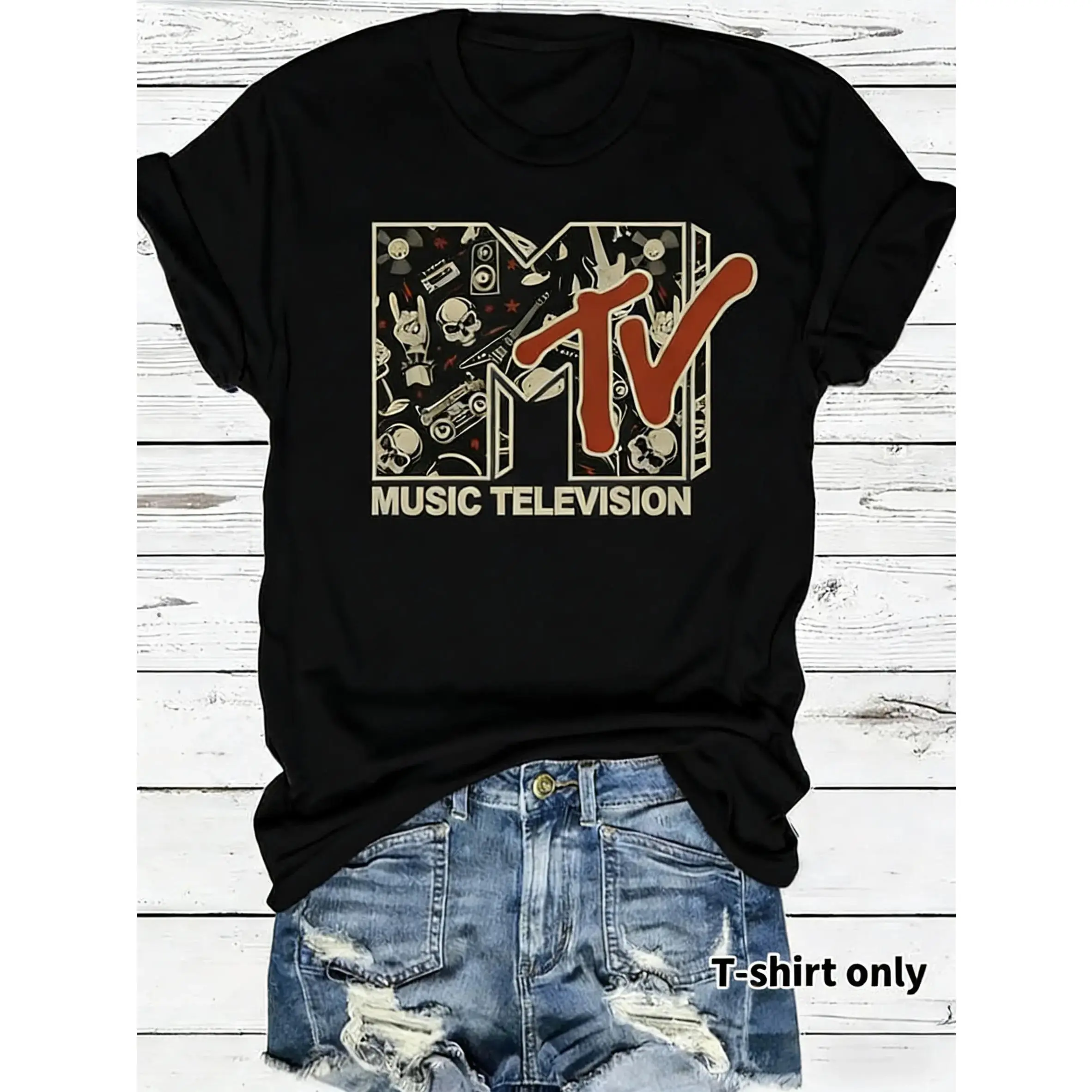Women's Fitted Floral & Skeleton Print Round Neck Short-Sleeve T-Shirt - Soft Trendy Streetwear Fashion Women's Clothes Summer Daily Wear Top