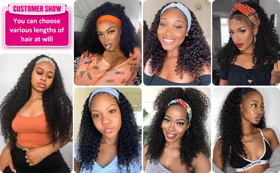 Bling Hair Headband Wig Kinky Curly Human Hair Wigs Brazilian Remy HUman Hair Wigs Curly 12-24 Inch Non Lace For Women 180% Density TikTokShopBlackFriday