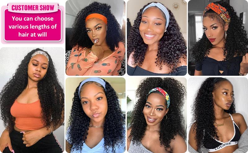 Bling Hair Headband Wig Kinky Curly Human Hair Wigs Brazilian Remy HUman Hair Wigs Curly 12-24 Inch Non Lace For Women 180% Density TikTokShopBlackFriday