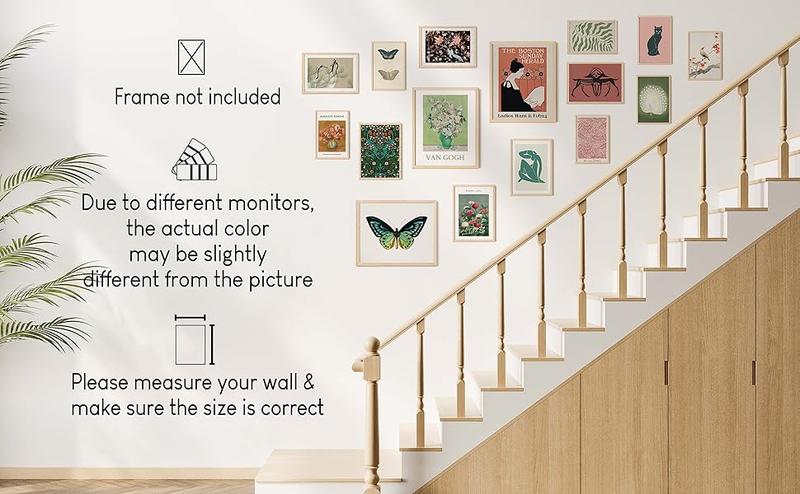 Vintage Eclectic Home Decor - 16 Pcs Boho Gallery Wall Art Prints Set, Cute Dorm Posters For Room Aesthetic Pictures, Earthy Boho Wall Decor For Girl Bedroom Apartment Decoration (Unframed)