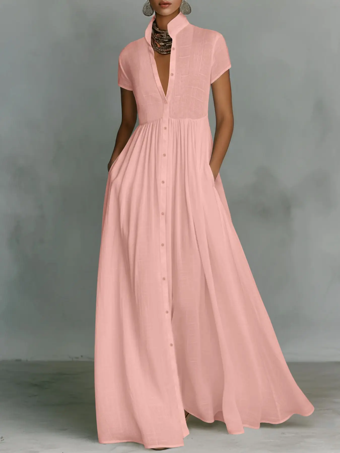 New Women's Casual Chic Elegant Stand Collar Long Dress, High Waist Pleated Flowy A-Line Dress, Stylish and Comfortable Evening Wear