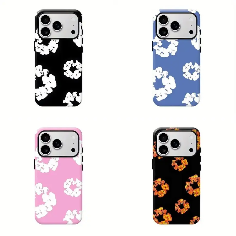 Luxury Denim Tears Black-and-White Cotton Wreath Printed Heavy-duty Hard Phone Case, Shockproof Anti-drop Wear-resistant Stylish Protective Cover compatible with iPhone 11 to iPhone 17 All Series Including Pro, Pro Max, Plus, Air, 16e