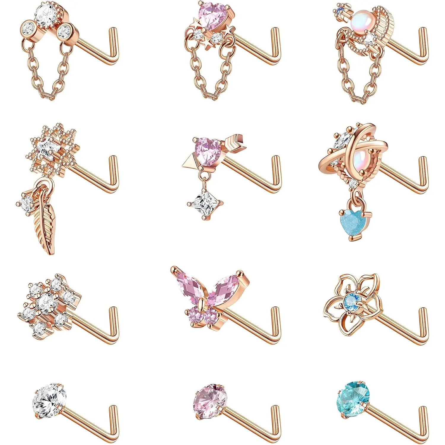 12 Pcs 20G Dangle Nose Studs for Women, Stainless Steel L‑Shaped Nose Rings, Heart Flower CZ Snowflake Butterfly Dangling Design Trendy Nostril Piercing Jewelry