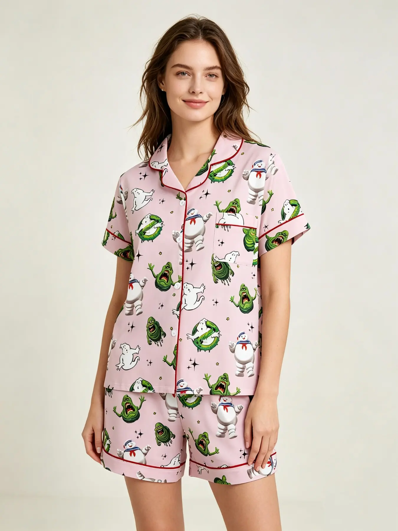 Two-Piece Women's Pajama Set, Halloween Ghostbusters Short Sleeve Shorts, Comfortable and Stylish Sleepwear for Ladies