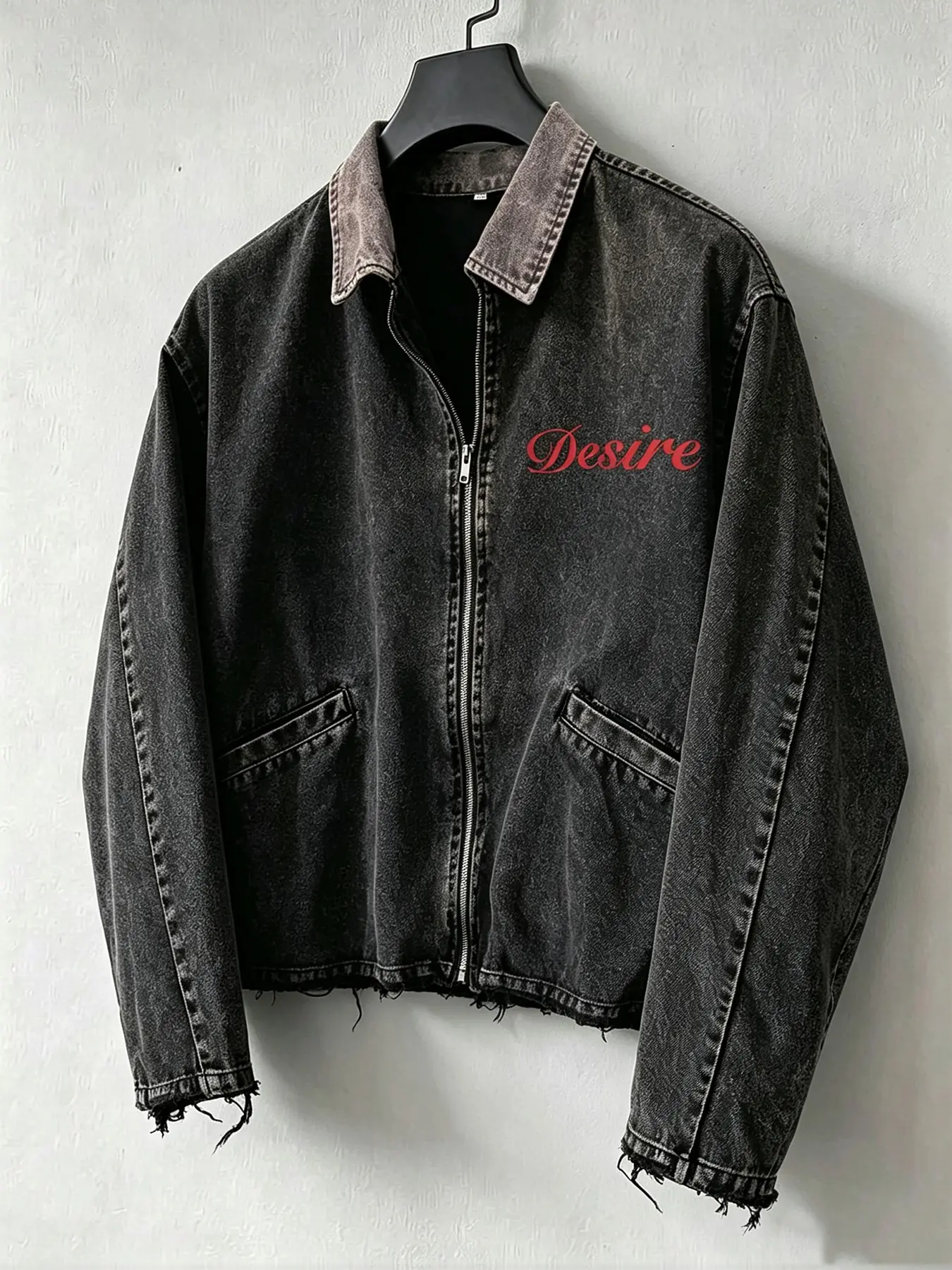 Oversized Men's Raw Edge Crop Denim Bomber Jacket, Washed Black Zip Front Outerwear With Desire Script Print, Y2K Street Coat For Urban Daily Outfit