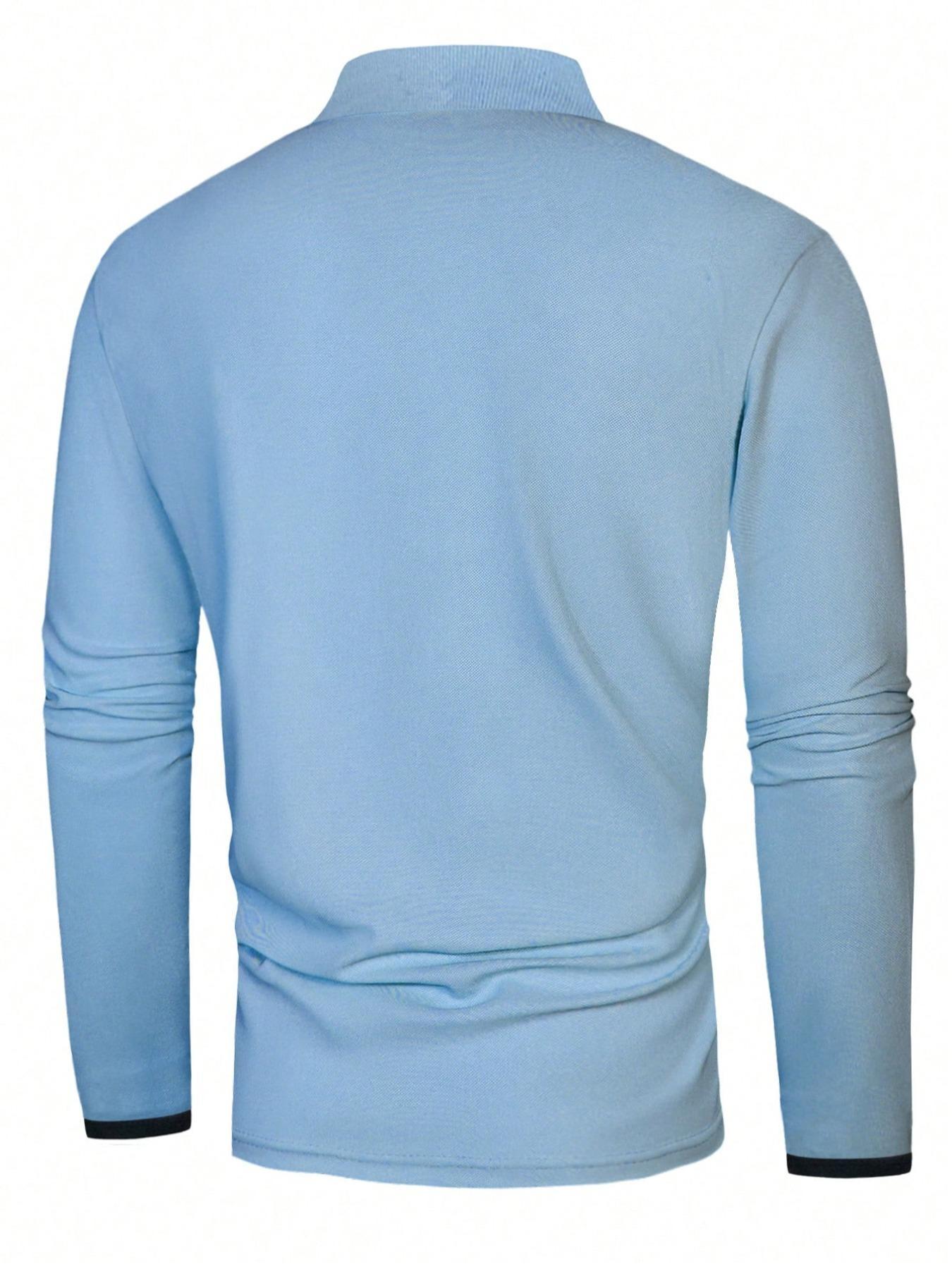 Men's Regular Fit Contrast Binding Button Front Polo Shirt, Men's Clothing Outfits, Casual Long Sleeve Half Placket Collared Top for Summer, Streetwear, Menswear for Daily Wear, Polo Tees