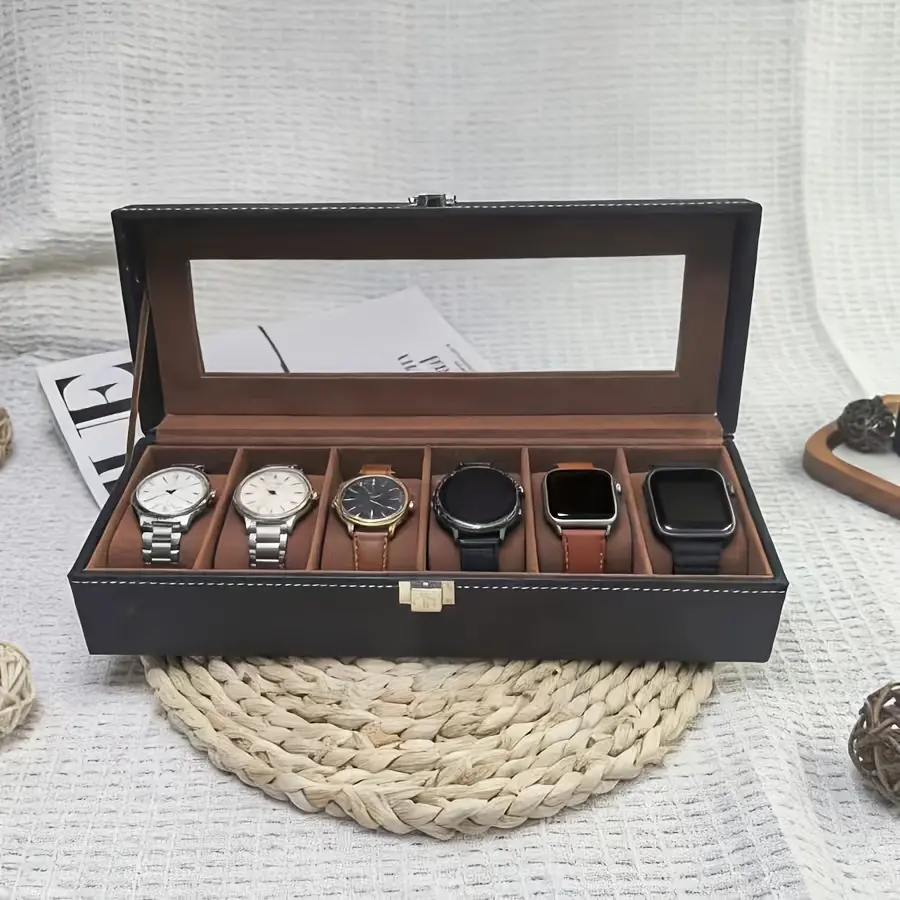 Household watch storage box 6-position watch position, PU leather watch box with lock, dust-proof and anti-oxidation watch display collection box