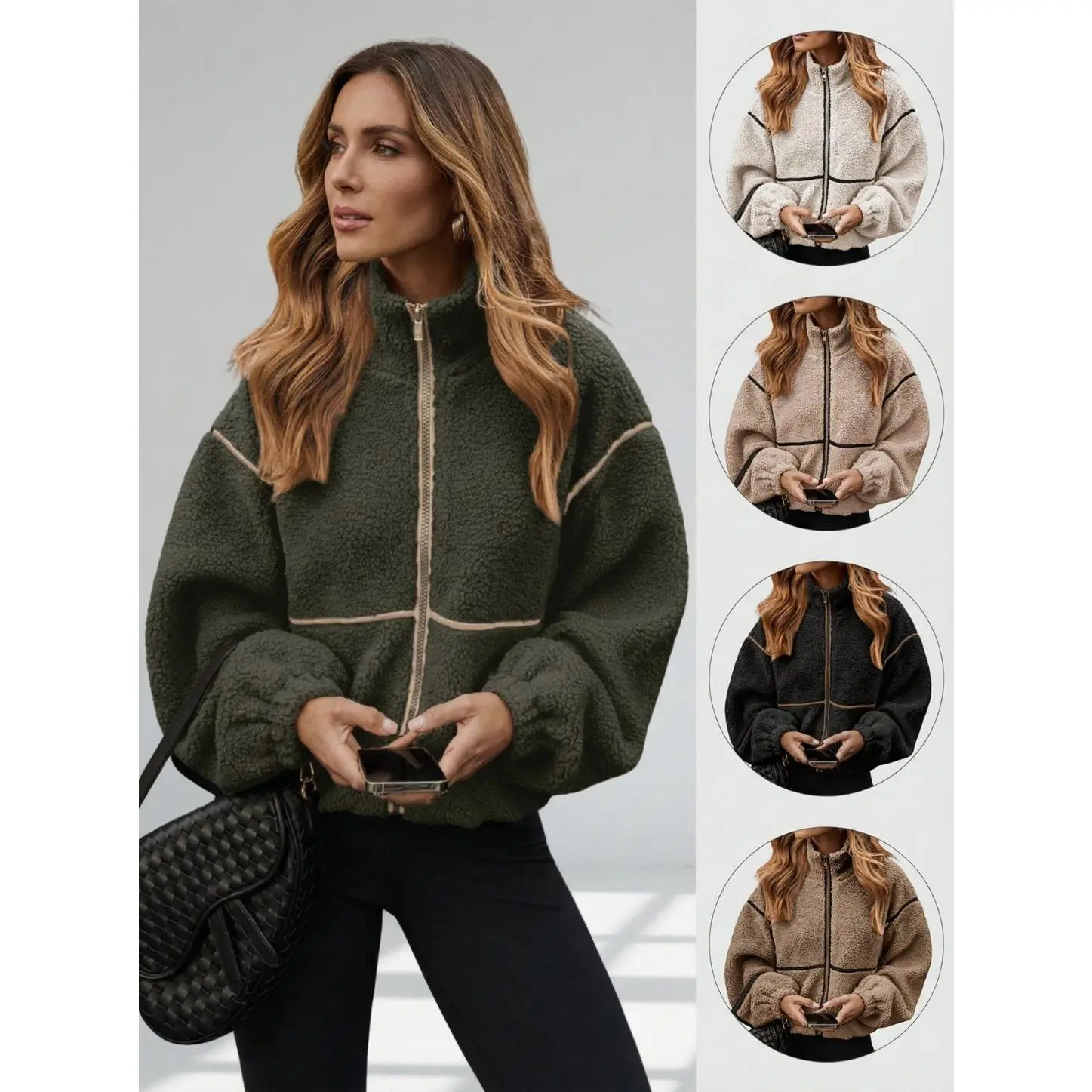 Women's Autumn and Winter Contrasting Lamb Wool Zipper Warm Plush Jacket